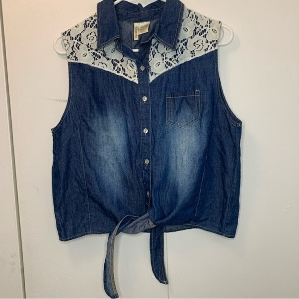 Passport Denim and Lace Tie Button Up Tank Top Size Large - Picture 5 of 5